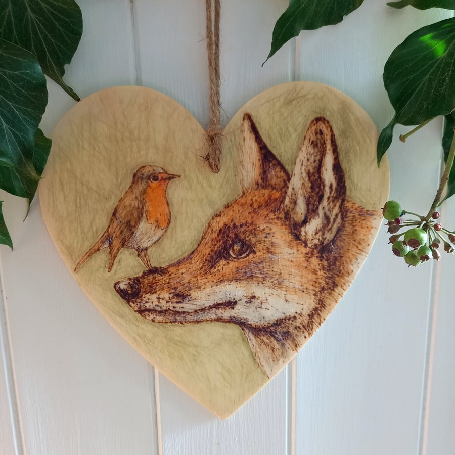 Fox & Robin pyrography wooden heart hanging decoration