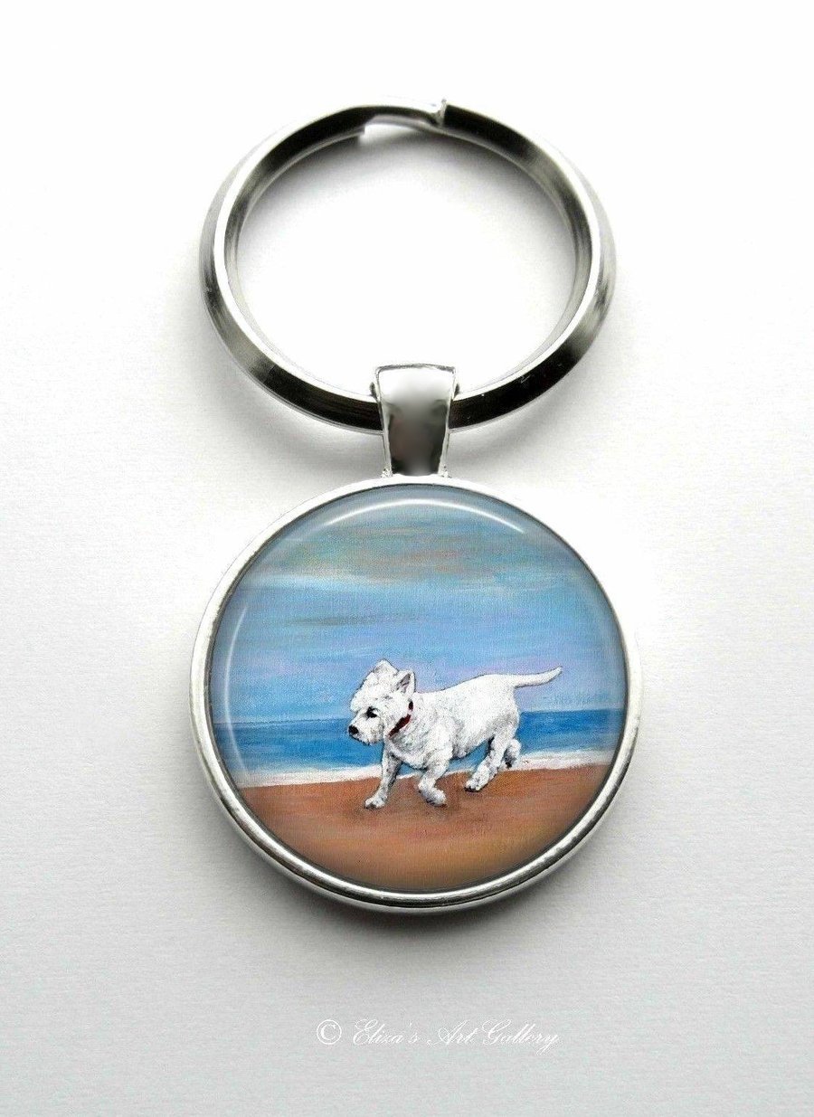 Silver Plated West Highland Terrier Dog Art Cabochon Keyring
