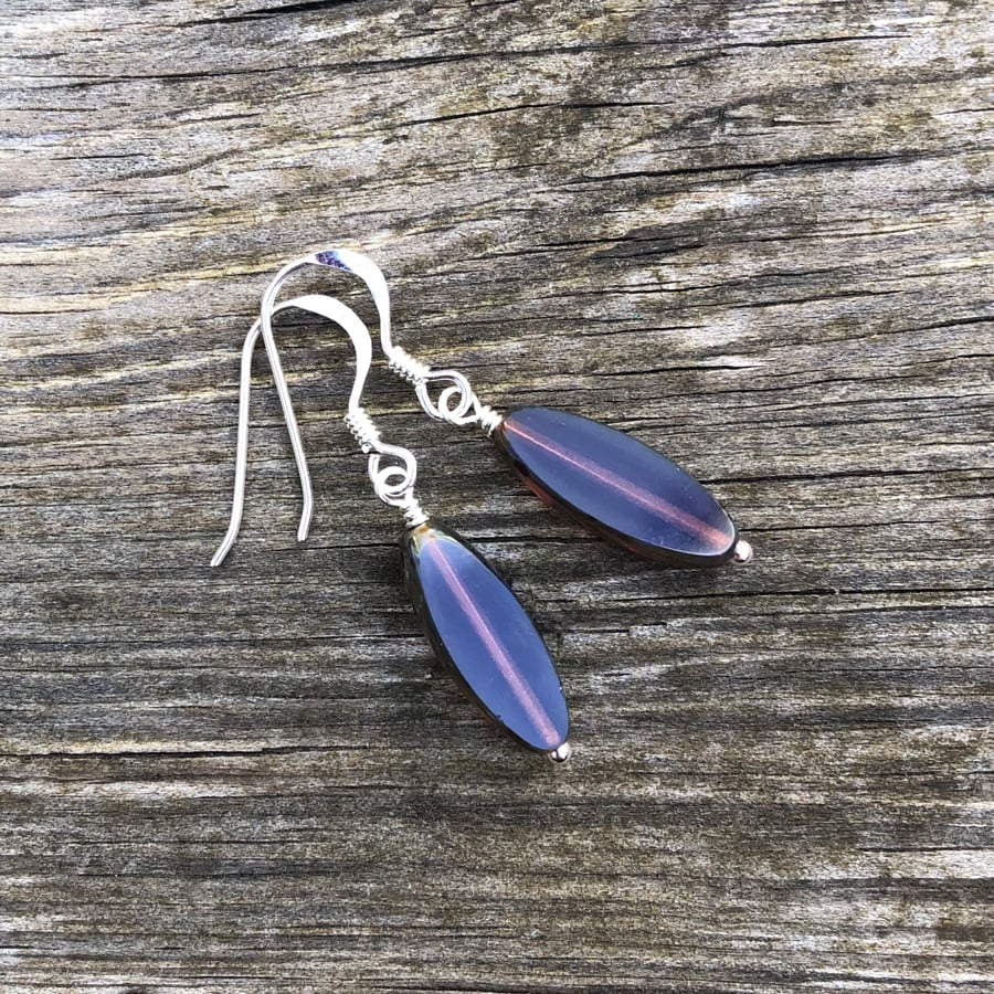 Opal Purple Spindle Glass Earrings. Sterling Silver Earrings