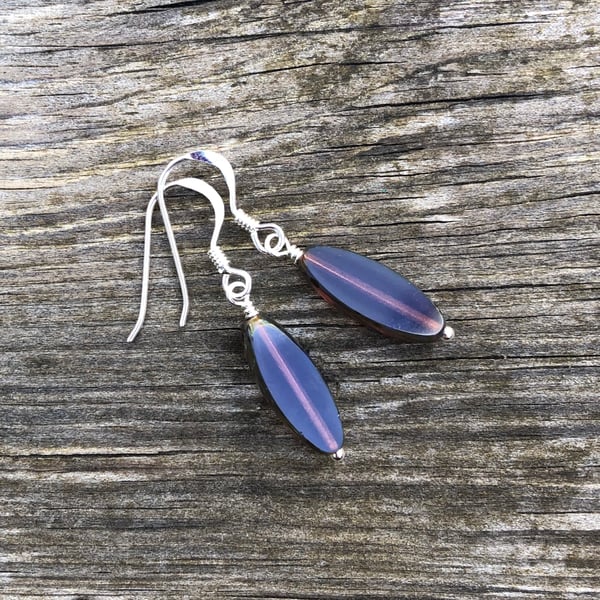 Opal Purple Spindle Glass Earrings. Sterling Silver Earrings