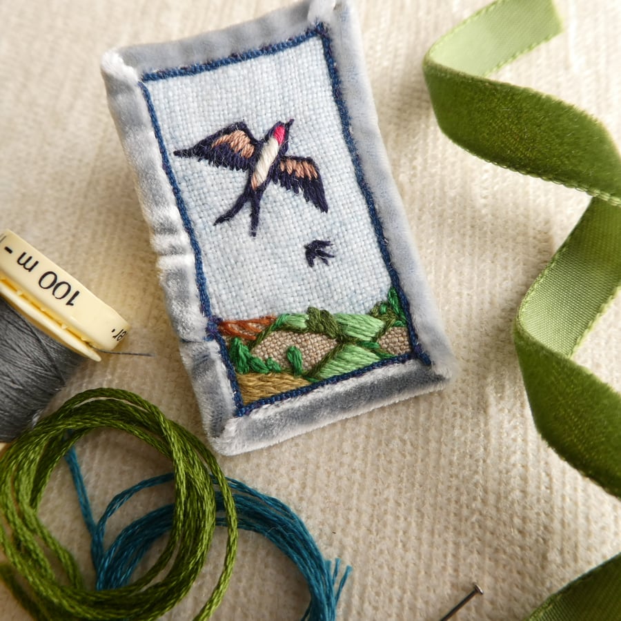 Swallows - hand stitched brooch