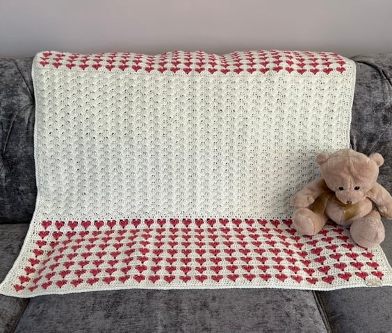 Cream Baby Blanket with heart Border, Baby Girl Gift, Hand Crocheted Blanket
