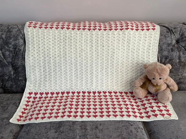 Cream Baby Blanket with heart Border, Baby Girl Gift, Hand Crocheted Blanket