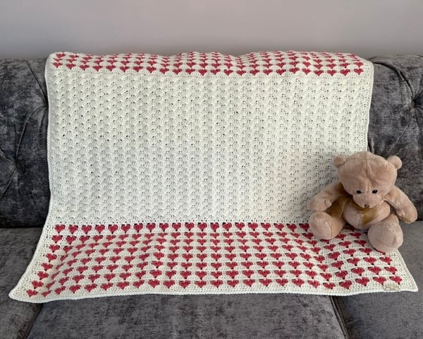 Cream Baby Blanket with heart Border, Baby Girl Gift, Hand Crocheted Blanket