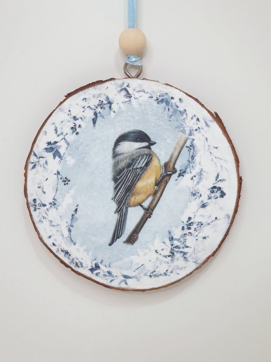 Garden bird wooden slice hanging decoration, coal tit, gift for a bird lover 