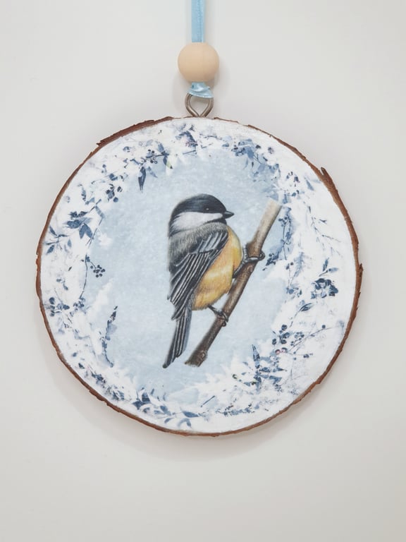 Garden bird wooden slice hanging decoration, coal tit, gift for a bird lover 