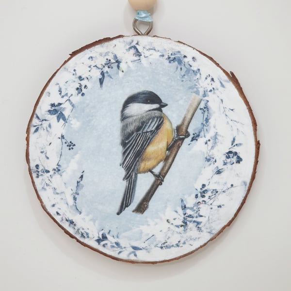 Garden bird wooden slice hanging decoration, coal tit, gift for a bird lover 