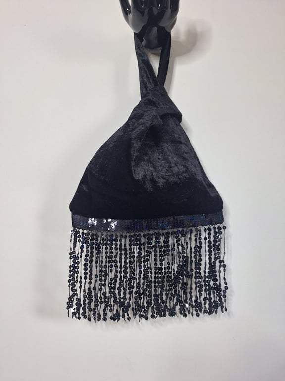 Black Velvet Japanese knot bag with 16cm sequin fringe and black satin lining