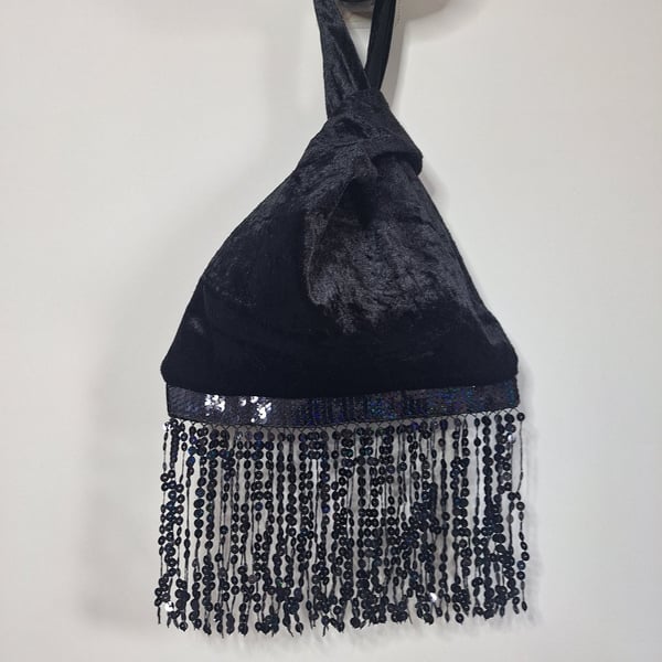Black Velvet Japanese knot bag with 16cm sequin fringe and black satin lining