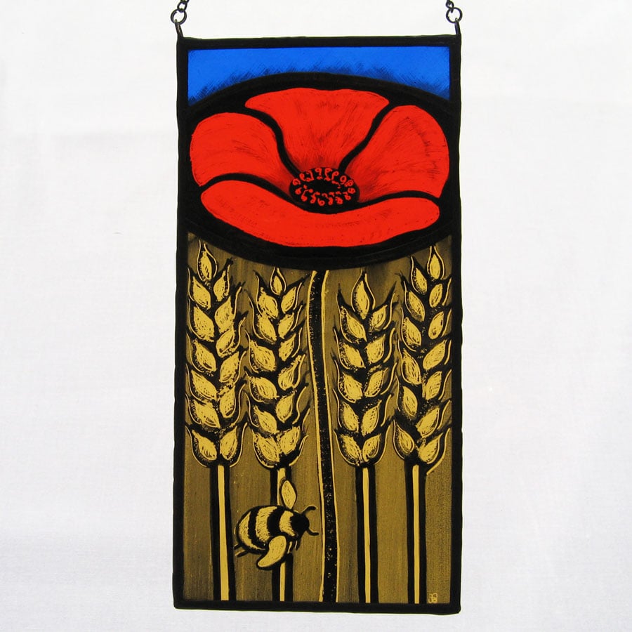 Poppy & Bumble Bee Stained Glass Panel
