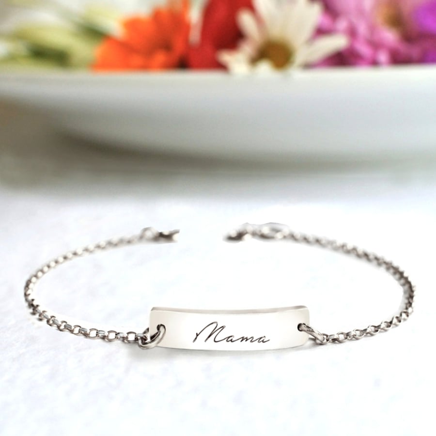 Personalised Sterling Silver Little Bar Mama Script Bracelet , Mother's Day gift