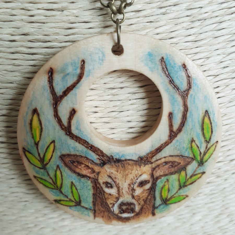 Pyrography red deer stag pendant