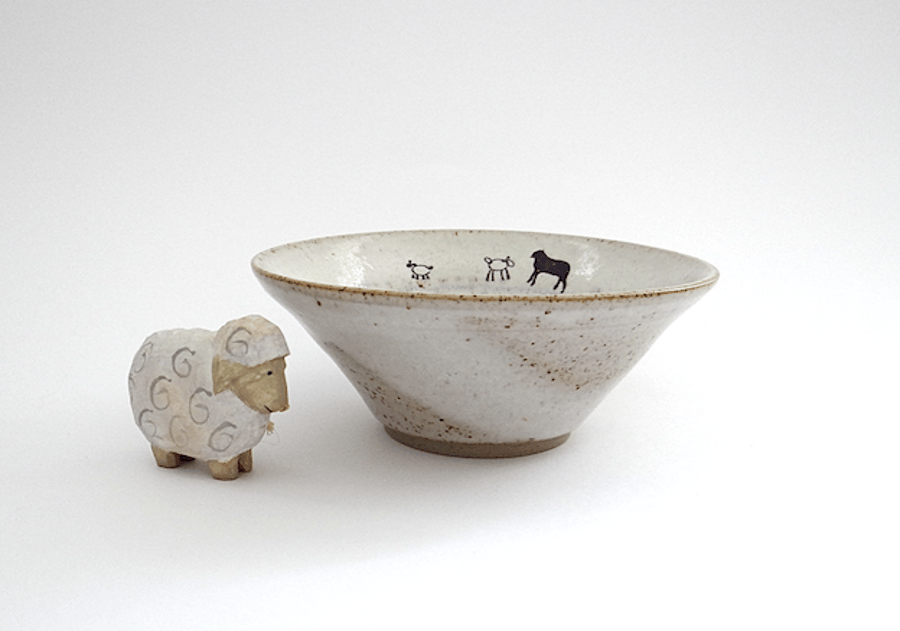 Ceramic bowl with lambs and their mum - handmade stoneware pottery