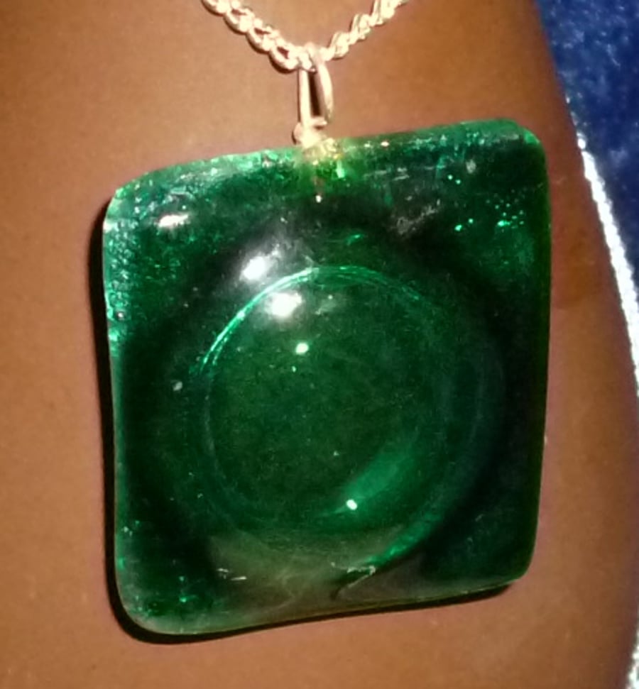 Handmade kiln formed green glass bubble pendant with silver plated chain