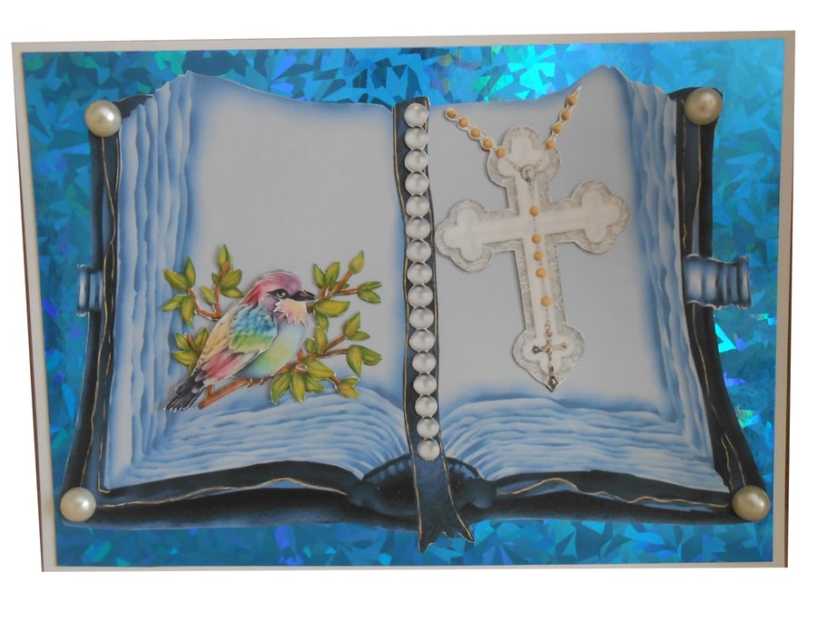 3D Blue Open Book card - cross & bird