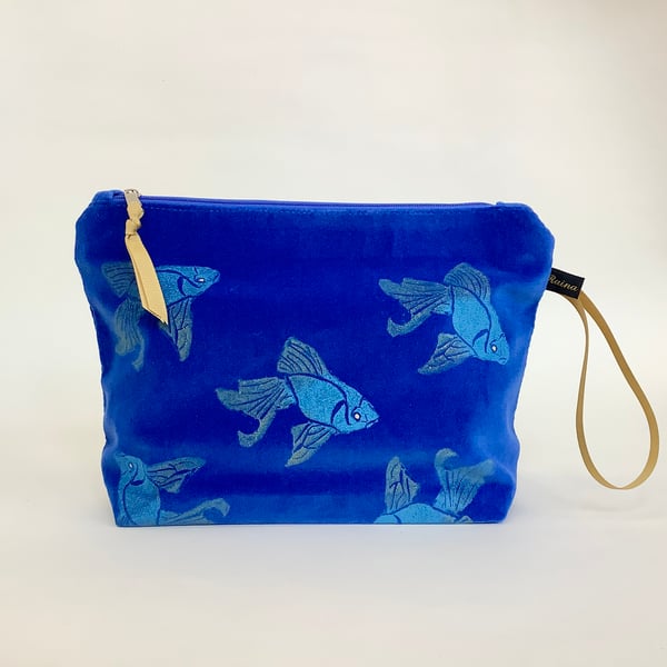 Royal Blue Koi Fish Velvet Makeup Bag