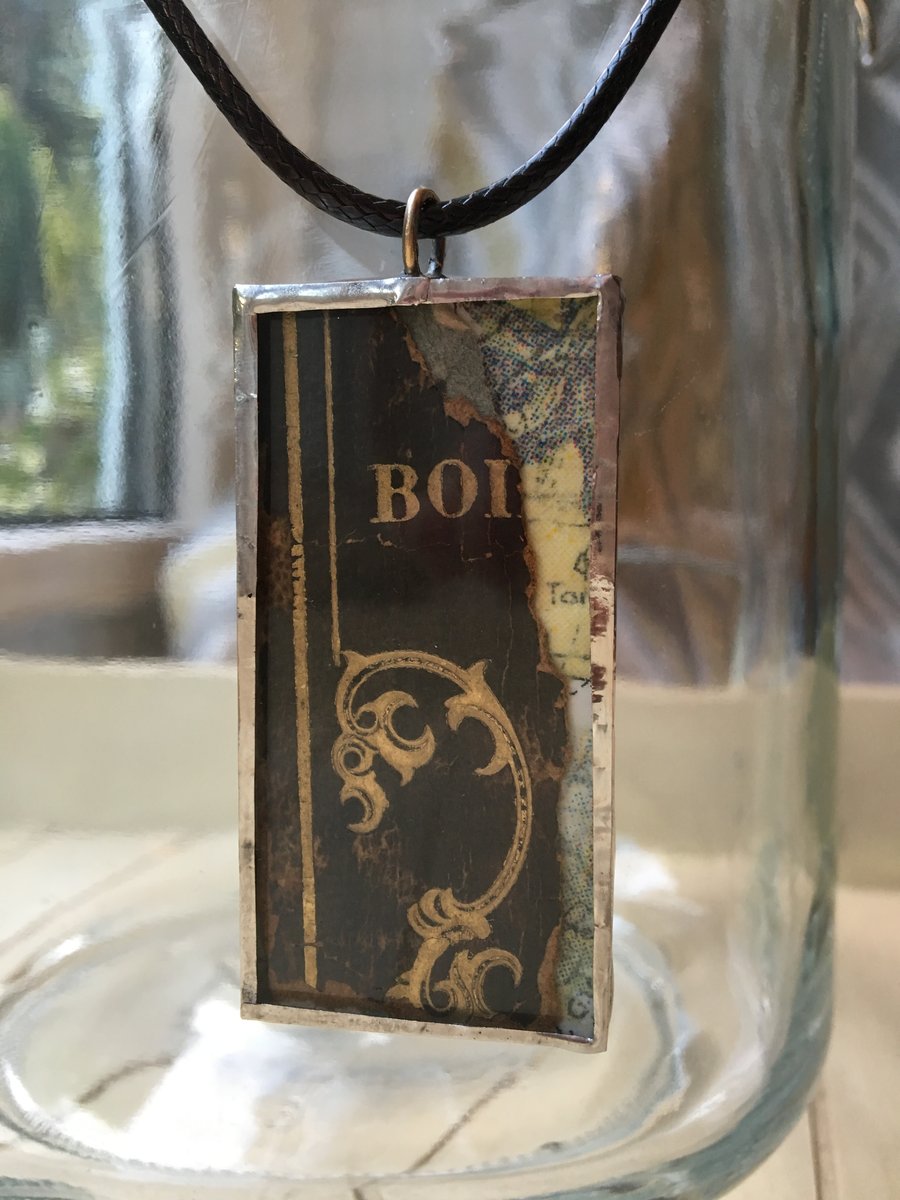 Handmade double sided soldered glass pendant- French 19th century book cover  
