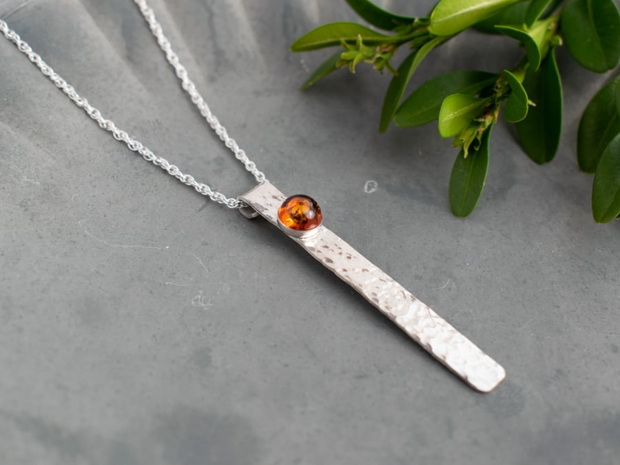 Long Sterling Silver Bar Necklace with Real Amber Stone