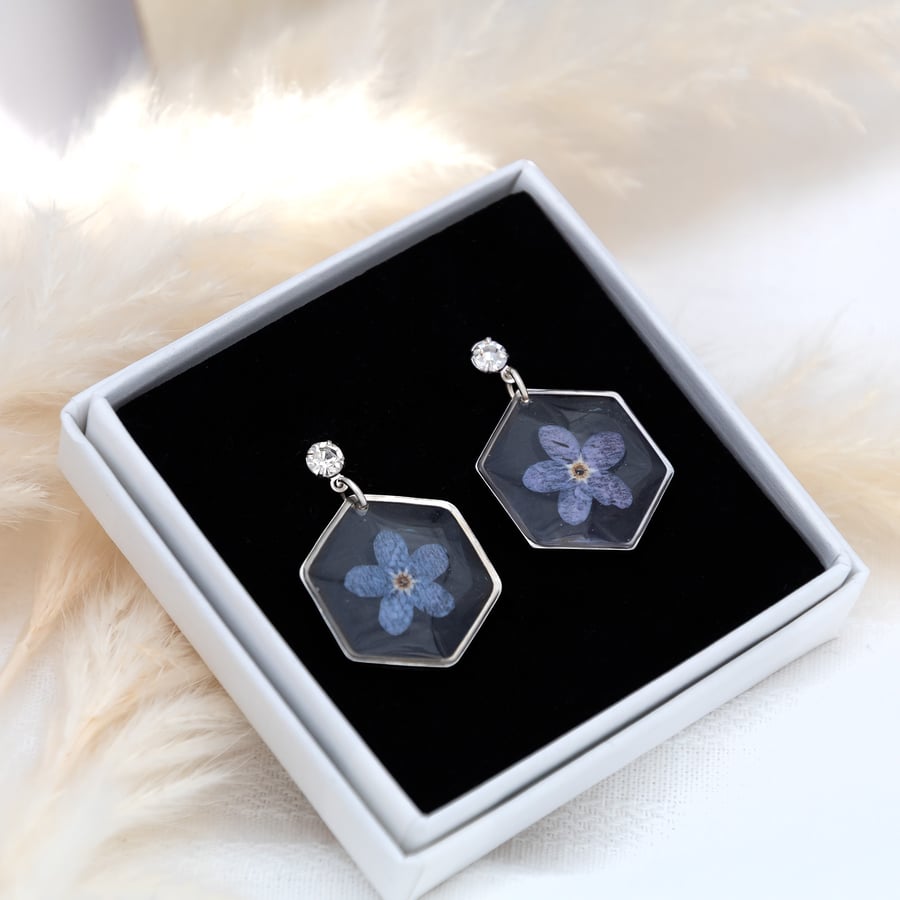 real dried forget me not earrings with cz stud and hexagon charm
