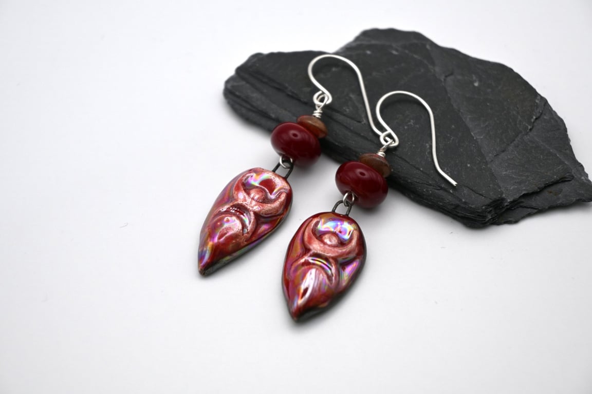 red lampwork glass and ceramic goddess earrings