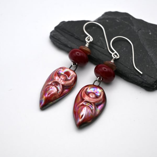 red lampwork glass and ceramic goddess earrings