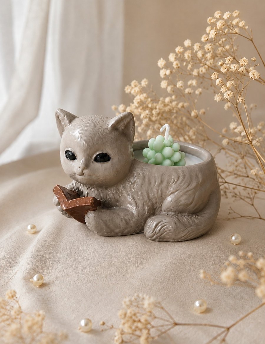 Enchanted Cat Candle – Handmade Mint Green Bubble Candle