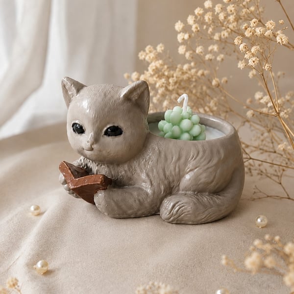 Enchanted Cat Candle – Handmade Mint Green Bubble Candle
