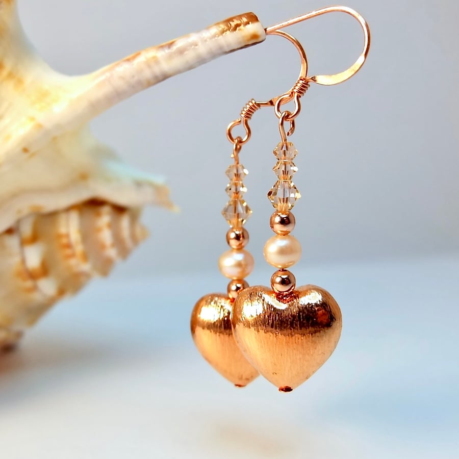 Copper Heart Earrings With Swarovski Crystals And Pearl - Handmade In Devon