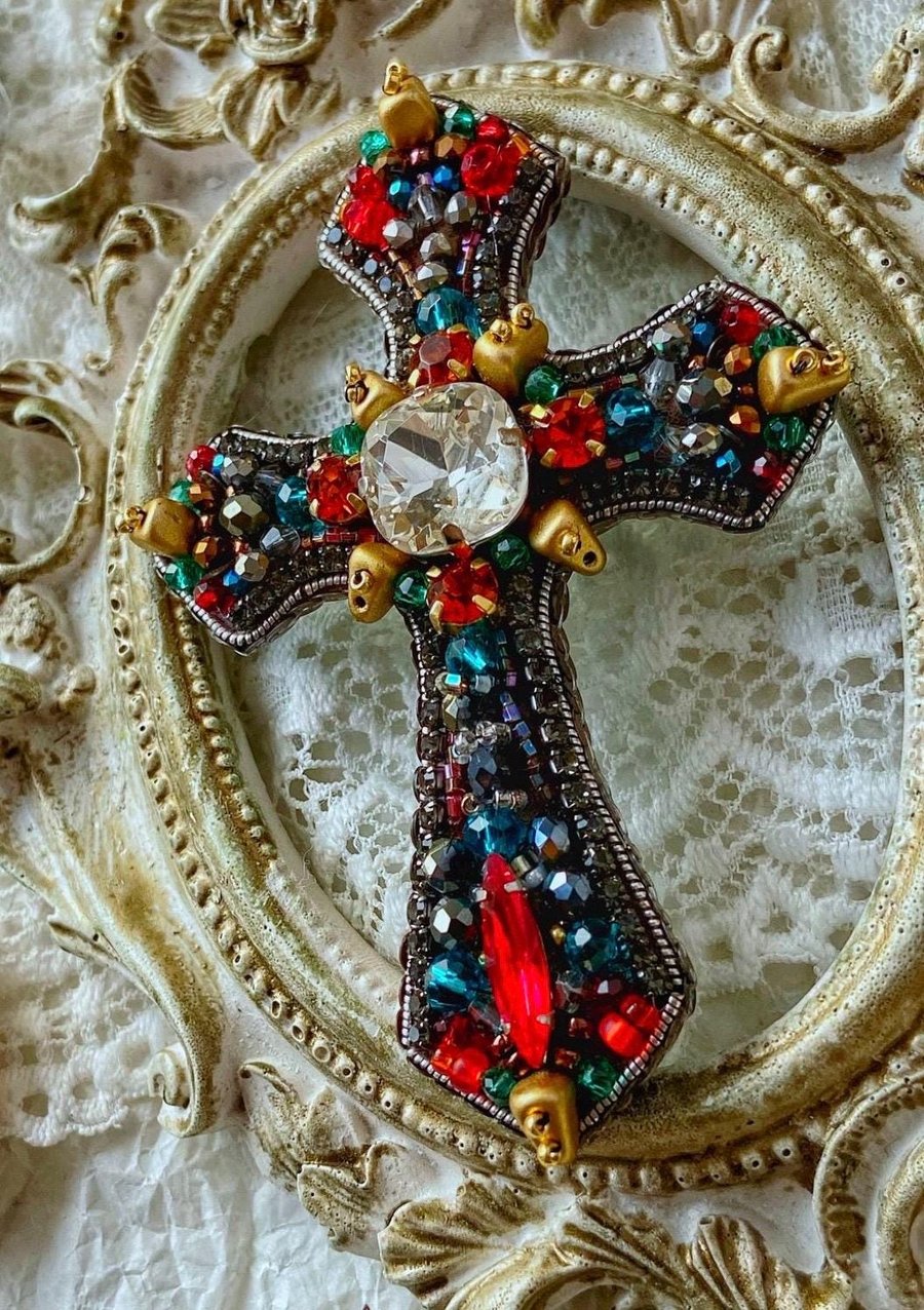 Handmade Beaded Cross Brooch, Colourful Crystal Religious Pin, Catholic Christia