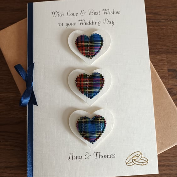Boxed, Personalised Wedding Day Card Blue Tartan Hearts. Scottish Themed A5