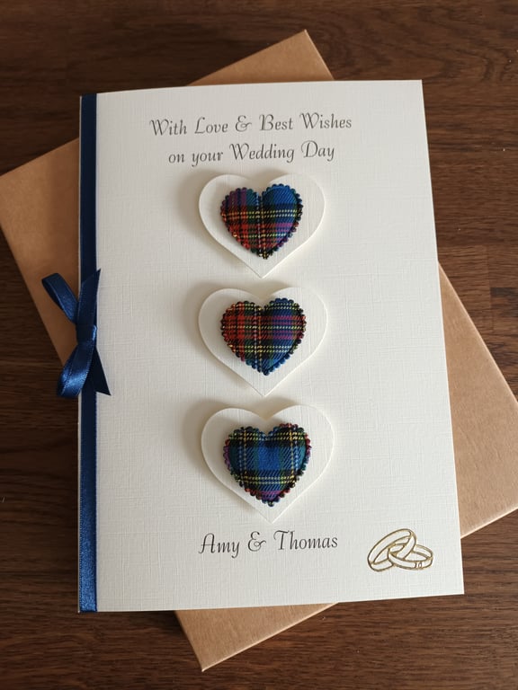 Boxed, Personalised Wedding Day Card Blue Tartan Hearts. Scottish Themed A5