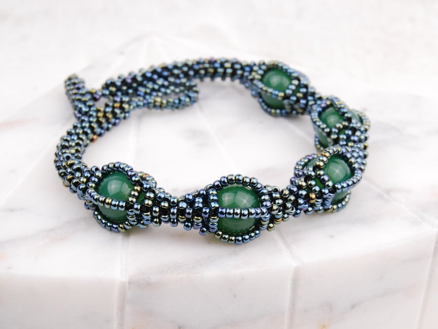 Beaded gemstone bracelet with green agate, Statement jewellery with seed beads