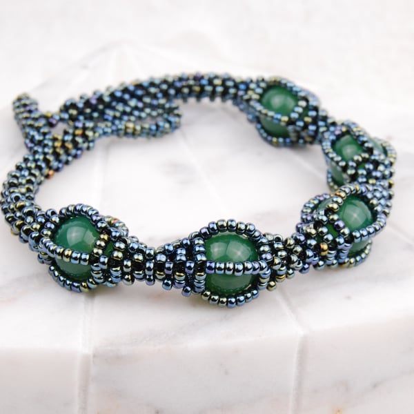 Beaded gemstone bracelet with green agate, Statement jewellery with seed beads