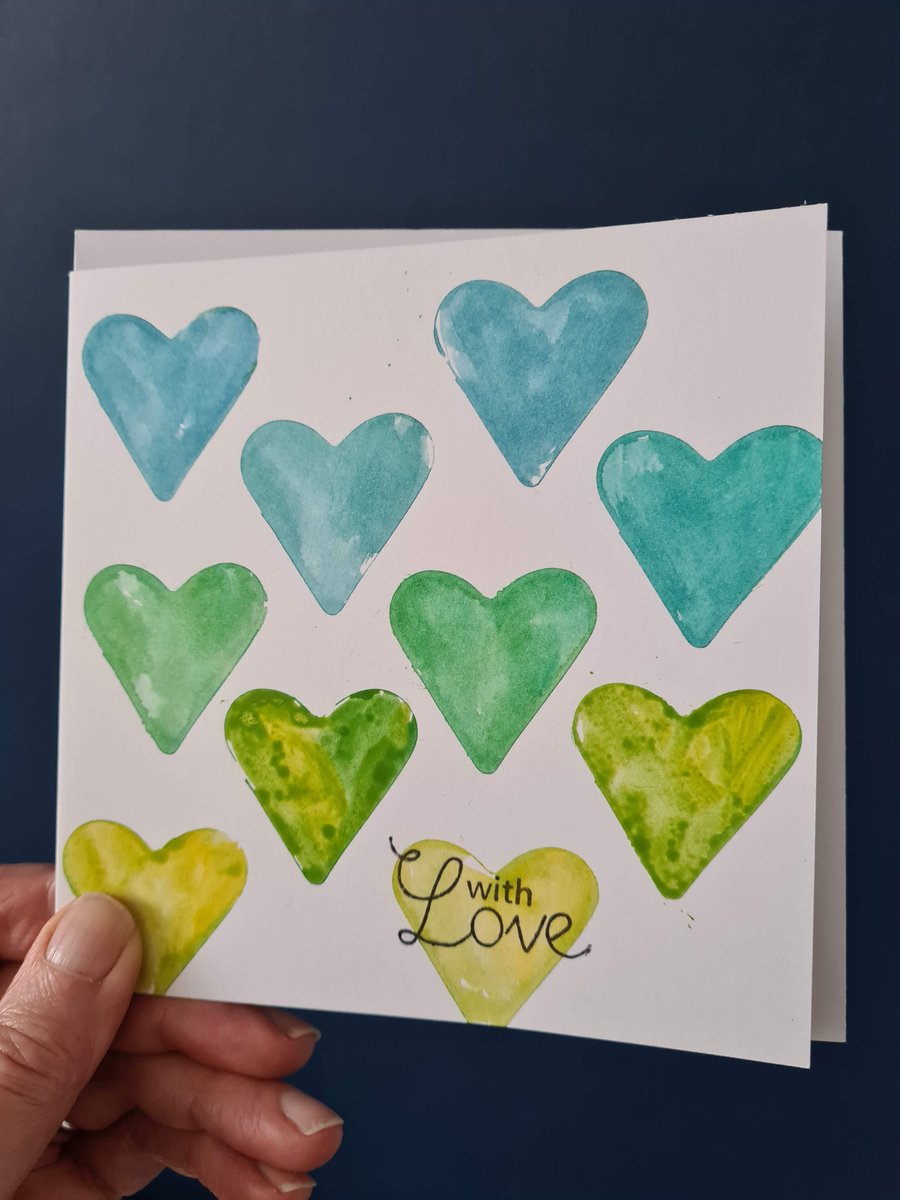 Anniversary card teal green yellow heart valentine's watercolour handpainted