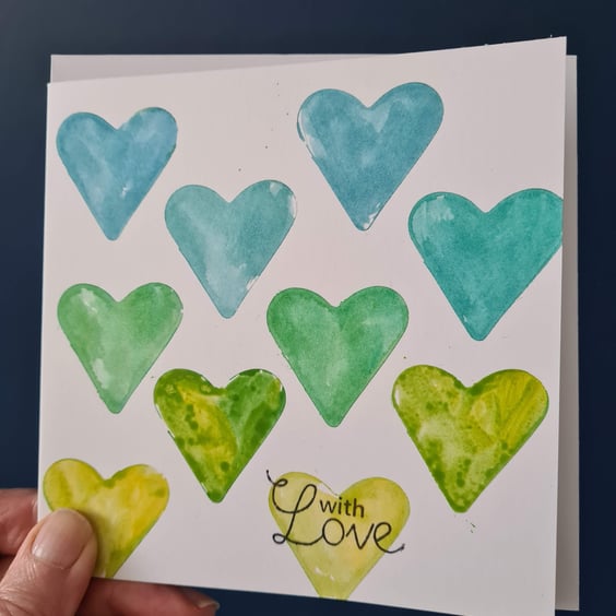 Anniversary card teal green yellow heart valentine's watercolour handpainted