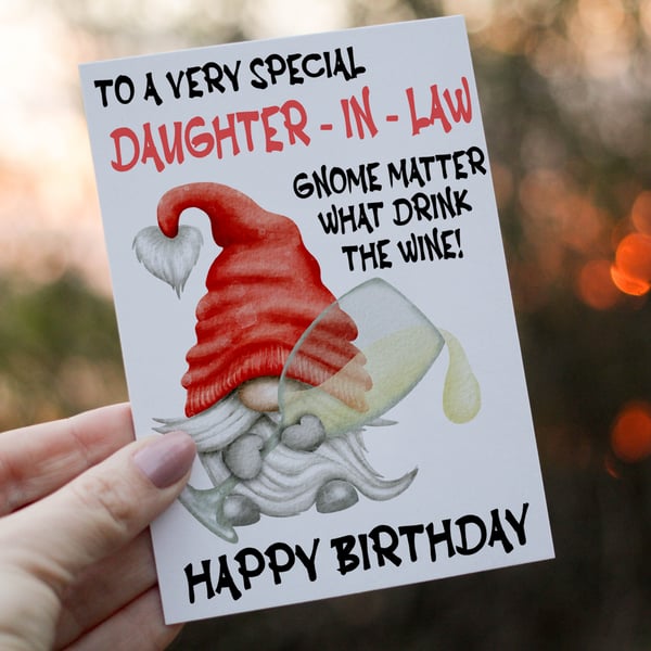 Special Daughter In Law Drink The Wine Gnome Birthday Card, Gonk Birthday Card