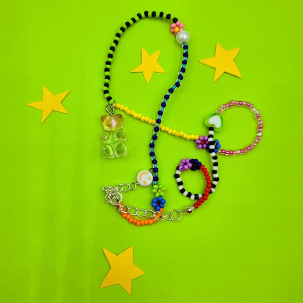 Colourful beaded necklace with resin gummy bear charm  