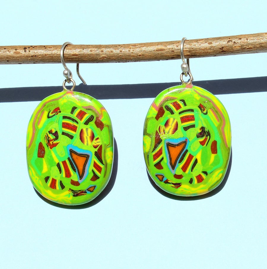 Abstract Pattern Dangle Earrings - Silver, Polymer Clay - Handmade - Unique