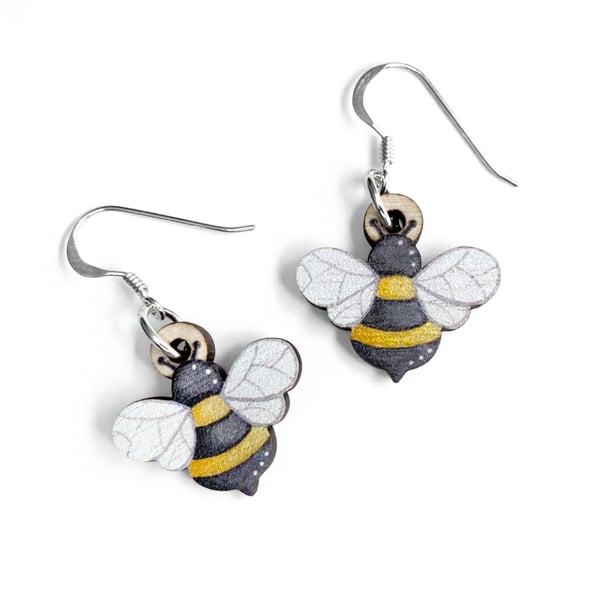 Bee Earrings. Handmade Dangly Wooden and Sterling Silver Insect Jewellery.