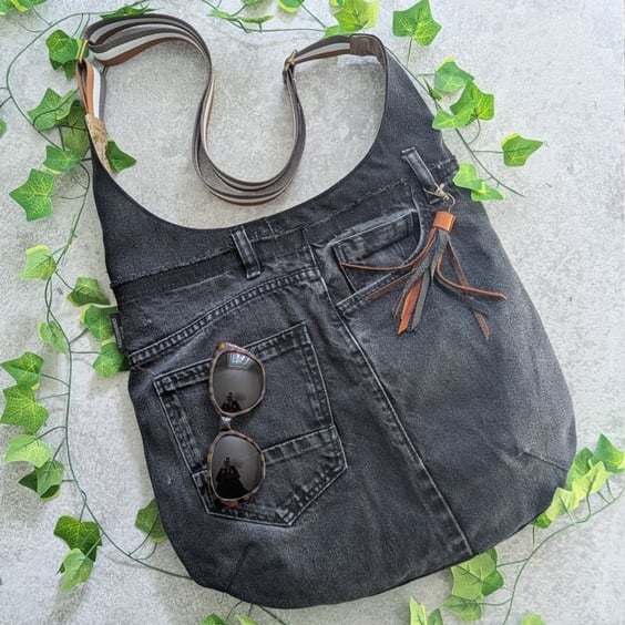 Upcycled Denim Bag - Large Cross Body or Shoulder Bag with Stripey Strap 
