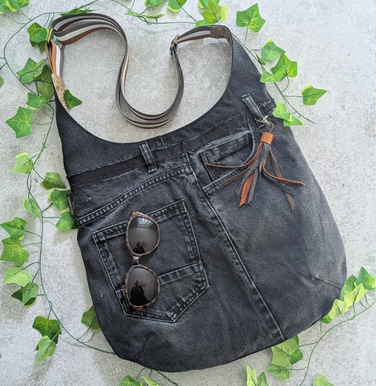 Upcycled Denim Bag - Large Cross Body or Shoulder Bag with Stripey Strap