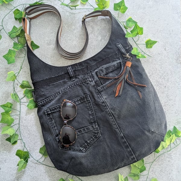 Upcycled Denim Bag - Large Cross Body or Shoulder Bag with Stripey Strap