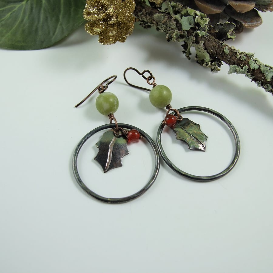 Earrings, Holly Leaf Copper with Carnelian and Jade Droppers, Niobium Ear Wires