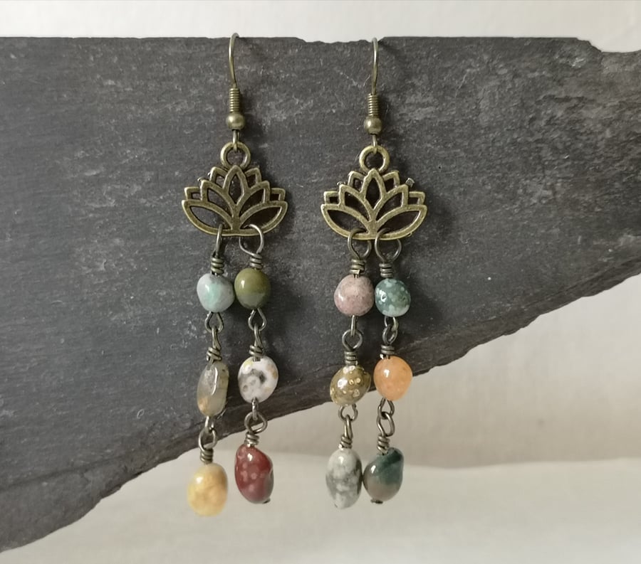 Ocean jasper gemstone drop and lotus flower charm earrings