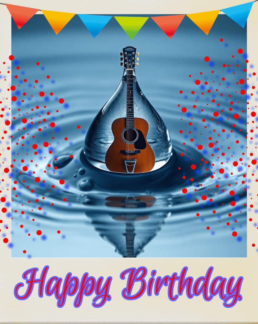 Happy Birthday Guitar in Raindrop Card A5