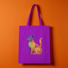 Geometric Coloured Cat Purple Tote Bag