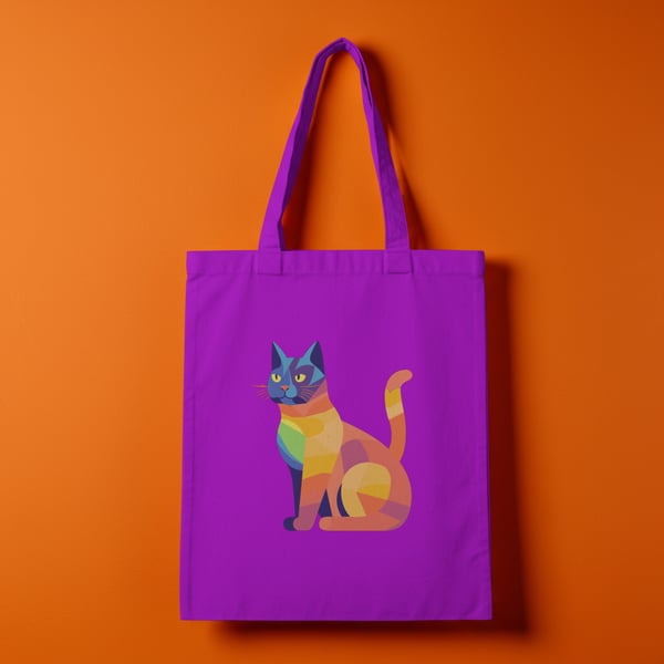 Geometric Coloured Cat Purple Tote Bag