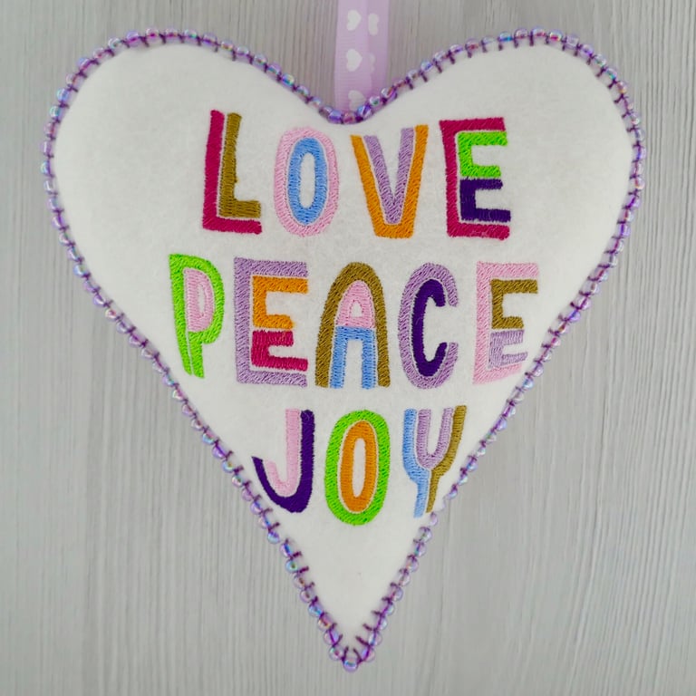 Beaded Felt Heart Decoration: Embroidered Love Peace Joy design 6.25” (16cm)