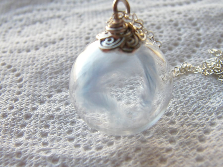 New Mum Necklace, Marabou Feathers, Glass Globe with Blue Marabou Feathers