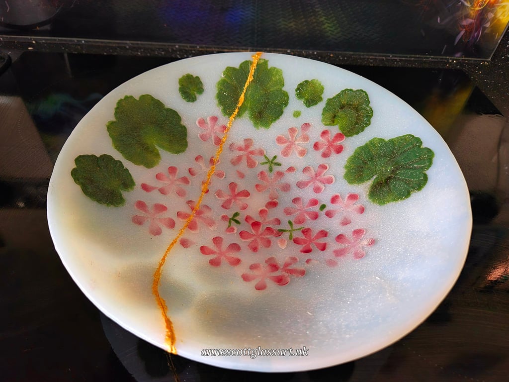 Unique Handmade Fused Glass Bowl "Sugar Geraniums" with Kintsugi repair